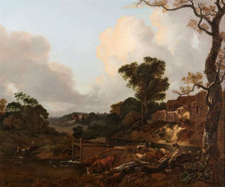 A wooded landscape with a herdsman reclining near a weir